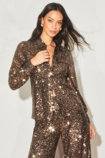 Lipsy Brown Sequin Front Pocket Button Through Shirt