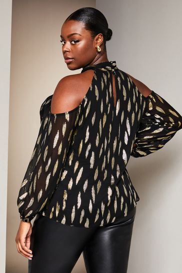 Buy Lipsy Black Foil Metallic Curve Cold Shoulder Long Sleeve Top