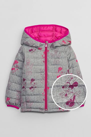 Gap Grey & Pink Disney Water Resistant Recycled Lightweight Puffer Jacket