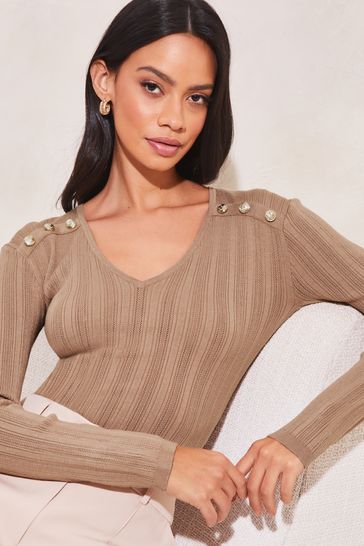 Lipsy Brown Knitted Button Detail Top