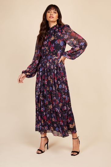 Buy Little Mistress Black Pink Purple Floral Mesh Pleated Midi