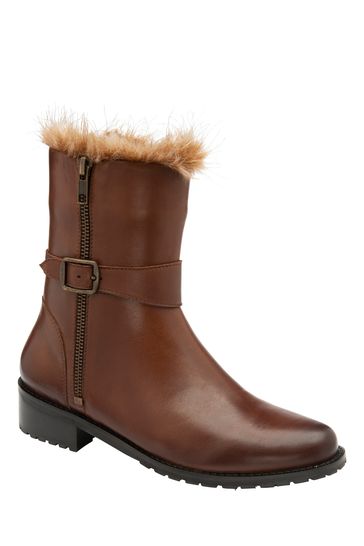 Ravel Brown Leather Block-Heel Zip-Up Mid-Calf Boots