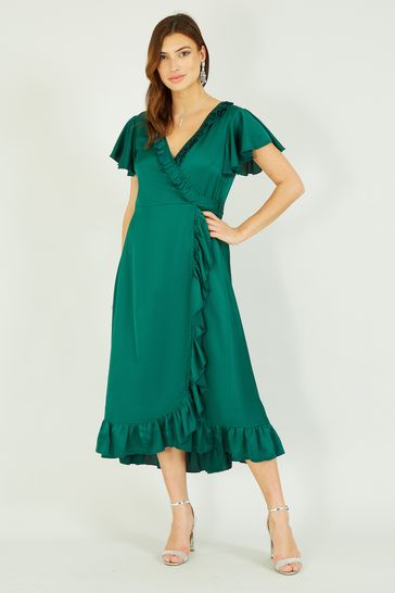 Buy Yumi Green Satin Wrap Midi Dress from Next Luxembourg