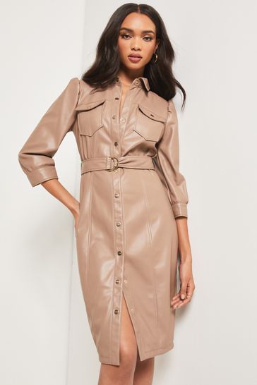 Lipsy Brown Faux Leather Midi Shirt Dress
