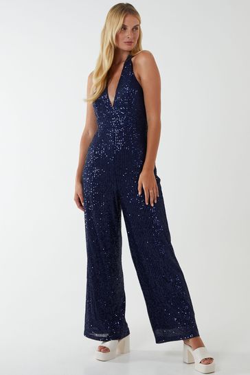 Blue Vanilla Navy Blue Sequin Halter Neck Plunge Jumpsuit