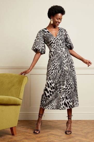 Love Roses Grey Animal Printed Wrap Midi Dress