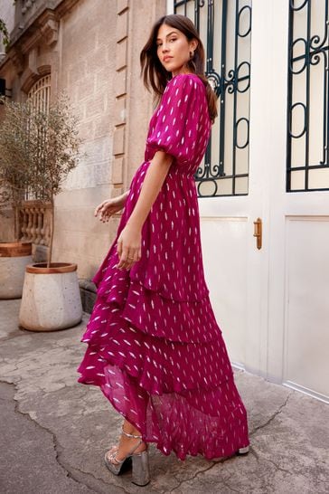 Pink ruffle outlet maxi dress