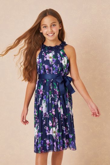 Lipsy Navy Floral Pleated Chiffon Occasion Dress