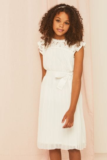 Lipsy White Lace Yolk Pleated Occasion Dress