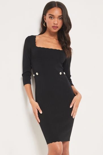 Lipsy Black Knitted Square Neck Scallop Dress