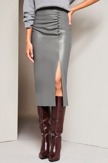 Grey faux shop leather midi skirt