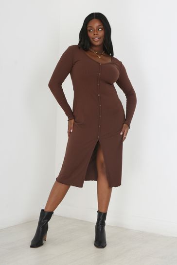 Brave Soul Brown Plus Size Long Length Button Through Dress
