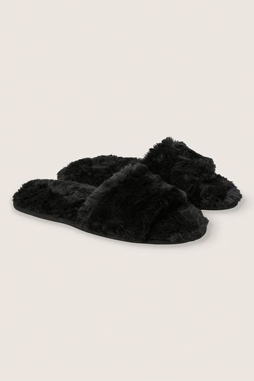 Victoria's Secret PINK Pure Black Faux Fur Open Toe Slipper