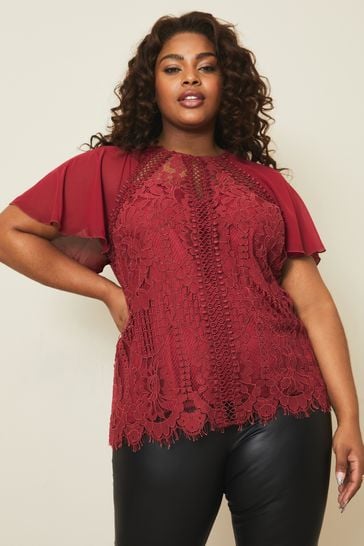 Lipsy Red Curve VIP Lace Chiffon Short Sleeve Top
