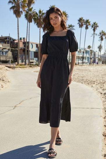 Lipsy Black Petite Linen Look Puff Sleeve Midi Dress