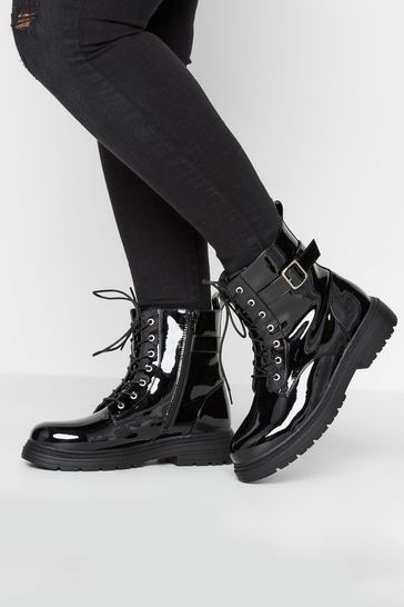 Yours Curve Black Wide FIt Wide Fit Chunky Hardware Boot Patent