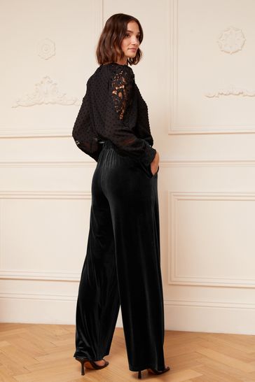 Black velvet wide leg pants clearance