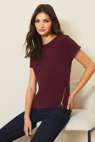 Lipsy Burgundy Red Longline Zip Detail T-Shirt