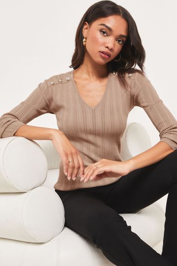 Lipsy Camel Petite Knitted Button Detail Top