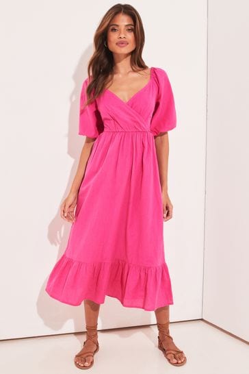 Lipsy Pink Wrap Linen Look Midi Dress