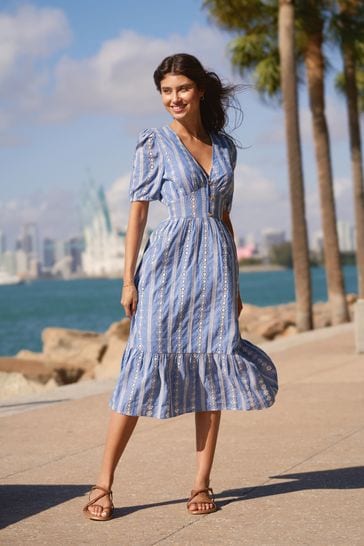 Buy Lipsy Chambray Blue Broderie V Neck Puff Sleeve Midi Summer