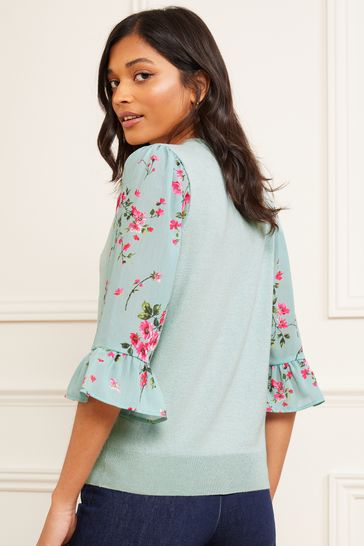 Buy Love Roses Blue Floral Floral Flute Sleeve Crew Neck Jumper