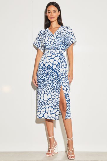 Buy Lipsy Blue Printed Wrap Style Short Sleeve Midi Dress from