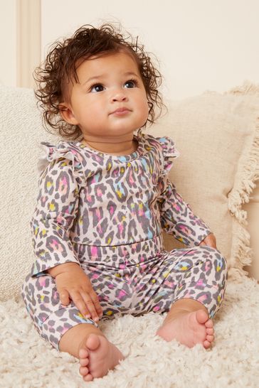 Love & Roses Cream Animal Baby Printed Ruffle Bodysuit And Legging Set