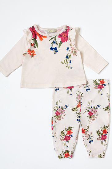 Love Roses Cream Floral Baby Printed Ruffle Top And Legging Set