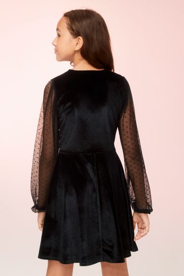 Lipsy Black Velvet Knot Front Long Sleeve Dress