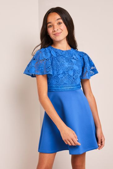 Lipsy Cobalt Blue 2-In-1 Flutter Sleeve Lace Occasion Dress