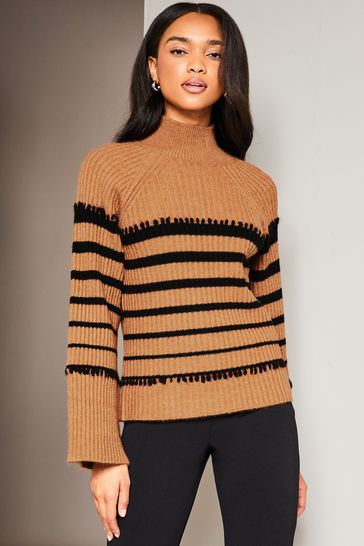 Lipsy Camel Striped High Neck Wide Sleeve Knitted Jumper