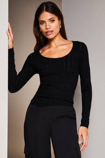 Lipsy Black Long Sleeve Scoop Neck Fine Cable Knitted Jumper