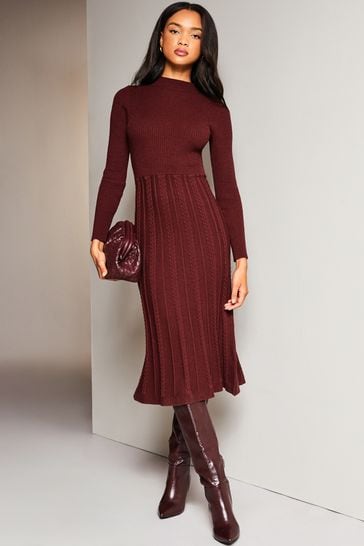 Lipsy Berry Red Long Sleeve Fit and Flare Cable Knitted Dress
