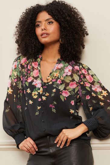 Buy Love & Roses Black Floral Printed V Neck Puff Sleeve Blouse from the  Next UK online shop