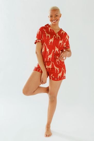 Chelsea Peers Red Giraffe Satin Button Up V-Neck Short Pyjama Set