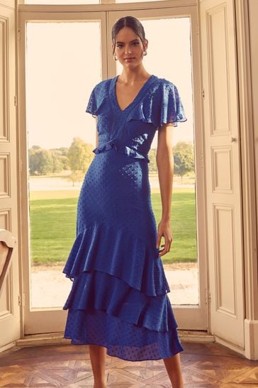 Love & Roses Cobalt Blue Cape Flutter Sleeve Ruffle V Neck Tiered Summer Maxi Dress