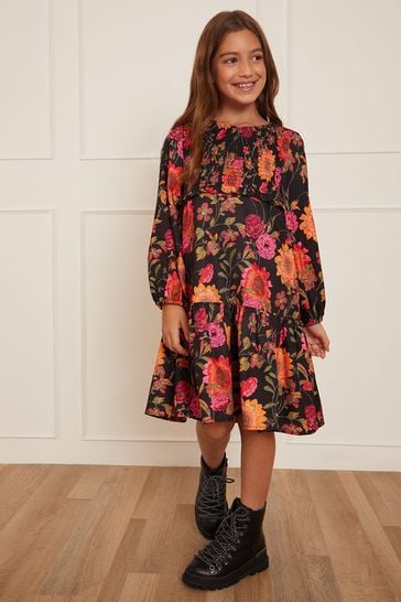 Chi Chi London Black Multi Long Sleeve Floral Smock Dress - Older Girls
