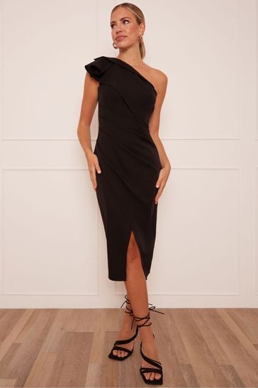 Chi Chi London Black One Shoulder Wrap Detail Midi Dress
