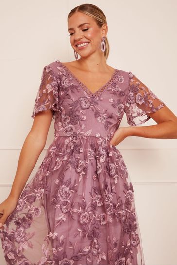 Chi Chi London Purple V Neck Embroidered Midi Dress