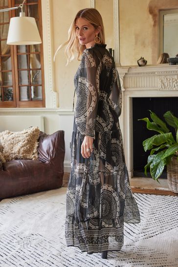 Friends Like These Black Paisley Printed V Neck Long Sleeve Midaxi Dress