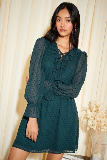 Buy Friends Like These Green Khaki Ruffle Chiffon Tie Detail Long