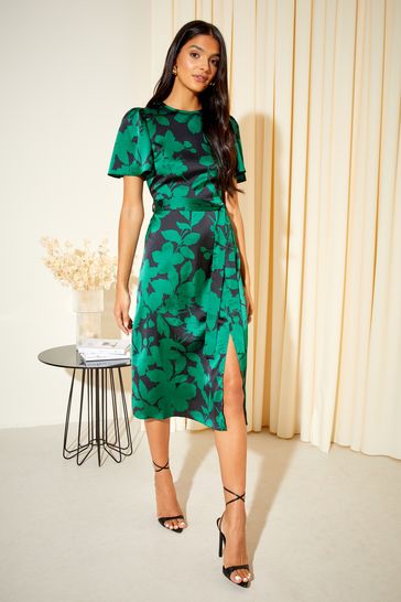 Friends Like These Dark Green Floral Flutter Sleeve Printed Satin Midi Summer Dress