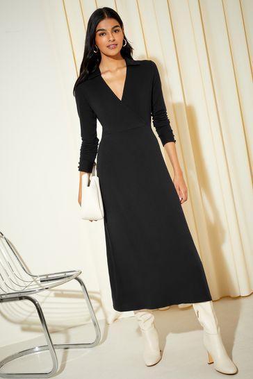 Friends Like These Black Long Sleeve Jersey Wrap Midi Dress