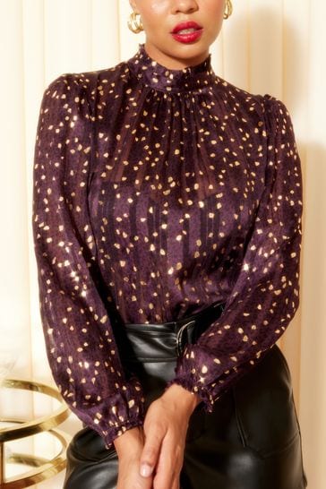 Friends Like These Burgundy Red Long Sleeve Pie Crust High Neck Chiffon Blouse