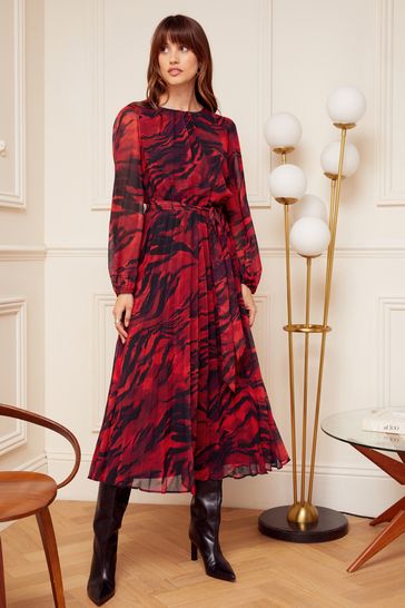 Love & Roses Red/Black Animal Printed Belted Pleated Long Sleeve Midi Dress