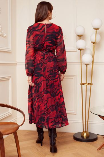 Love Roses Red Black Animal Printed Belted Pleated Long Sleeve Midi Dress