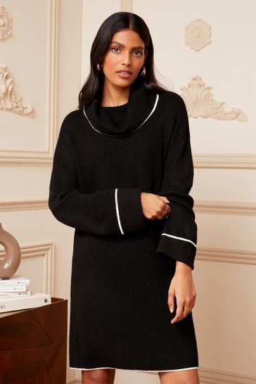 Love & Roses Black Contrast Roll Neck Cable Knitted Jumper Dress