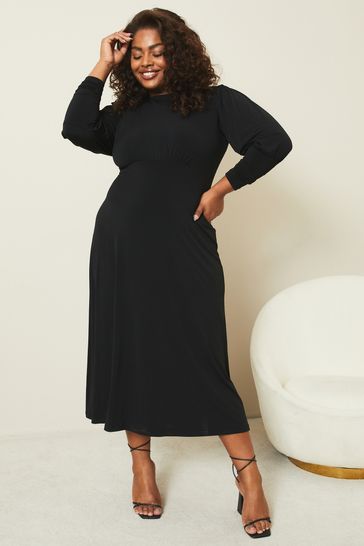 Lipsy Black Curve Jersey Long Puff Sleeve Midi Dress