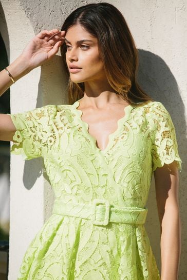 Lipsy Green Premium V Neck Belted Lace Short Puff Sleeve Midi Dress